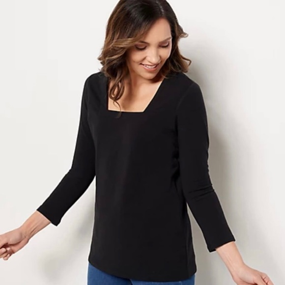 Susan Graver, Plus Size 1X Black Blouse Square Neckline Stretchy EUC - Picture 1 of 9